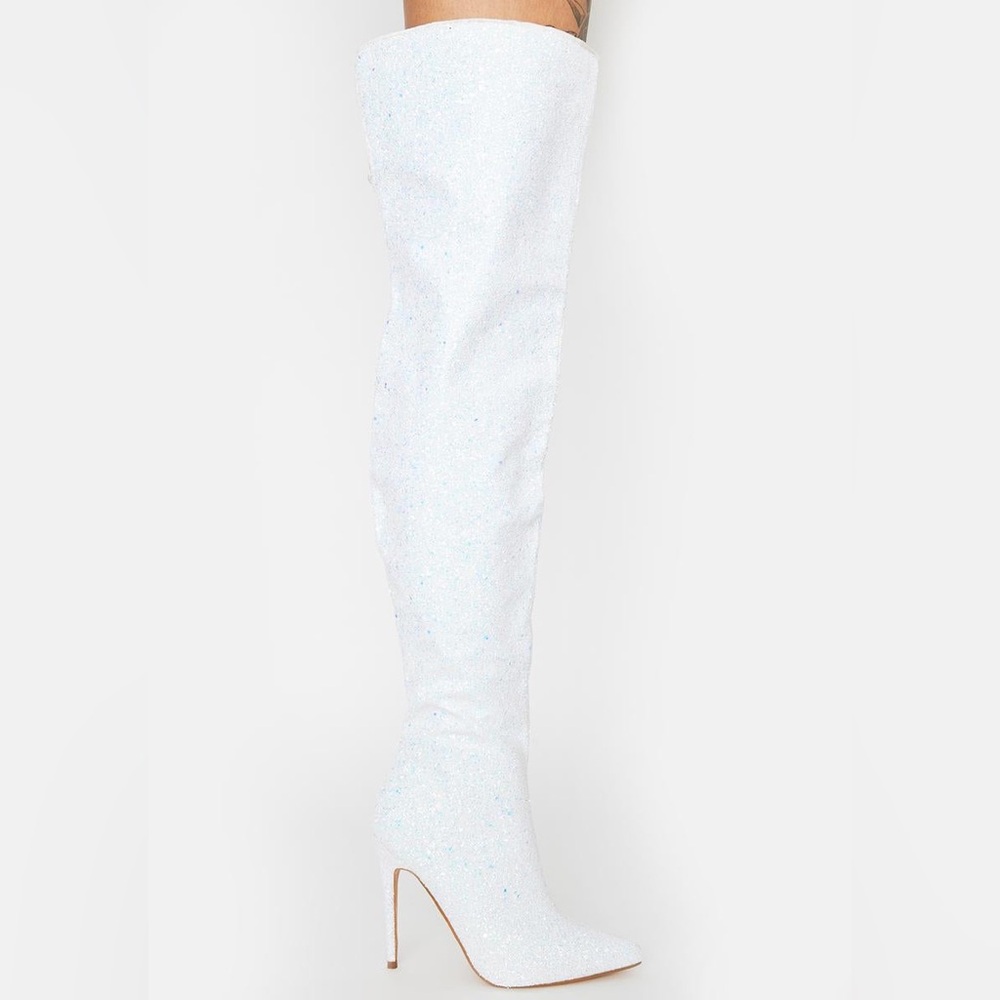 🆕 Pleaser Courtly Glitter Thigh High Boots White, 6M